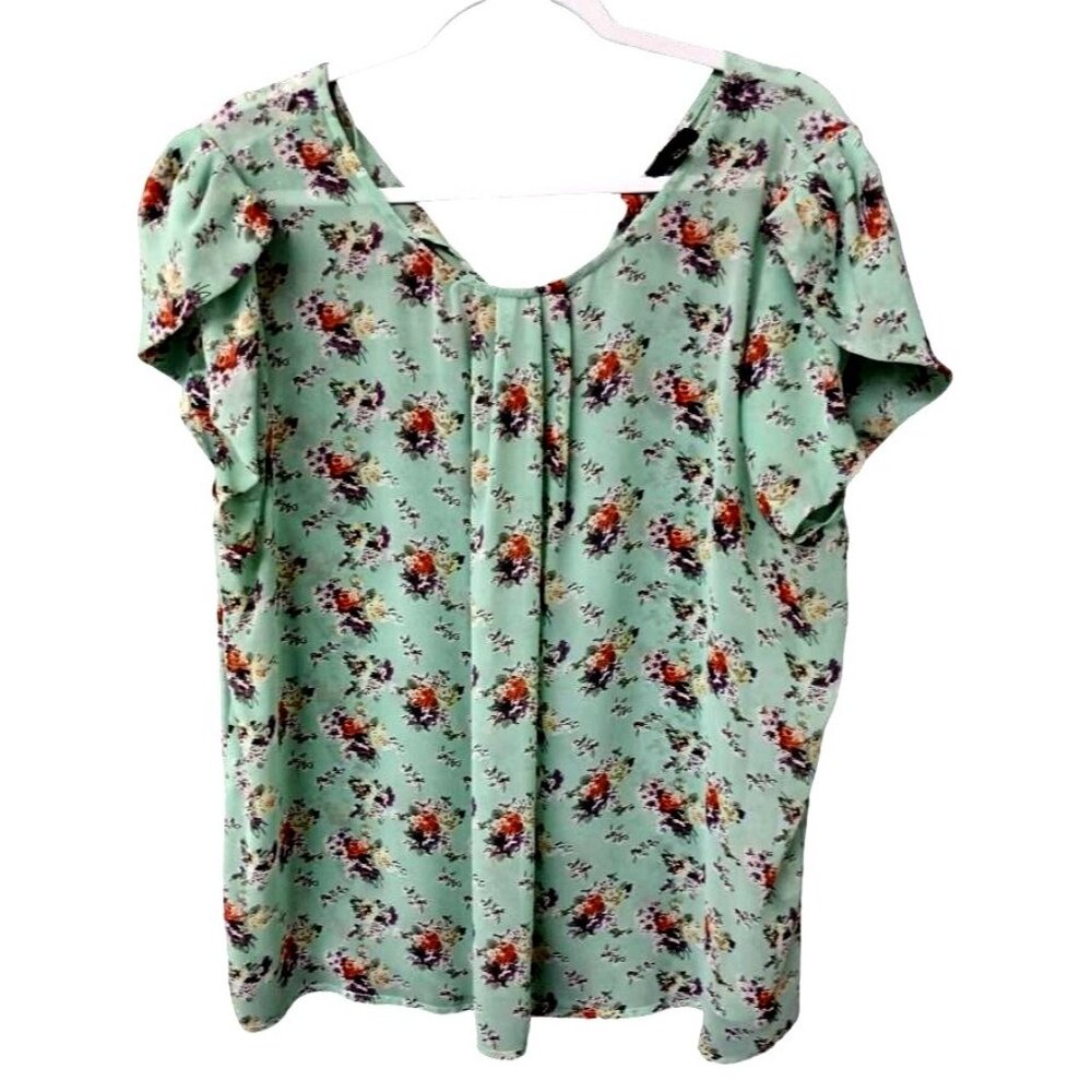 Zenobia XXXL Floral Print Blouse Green & Multicolor Short Sleeve Polyester